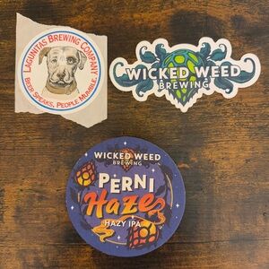 Two Brewery decals and a coaster